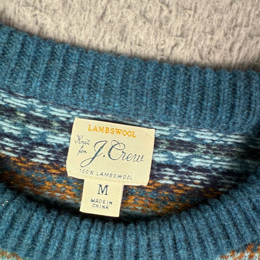 J. Crew Fair Isle Lambswool Sweater Mens M Blue Crew Neck Long Sleeve Pullover - Picture 3 of 8